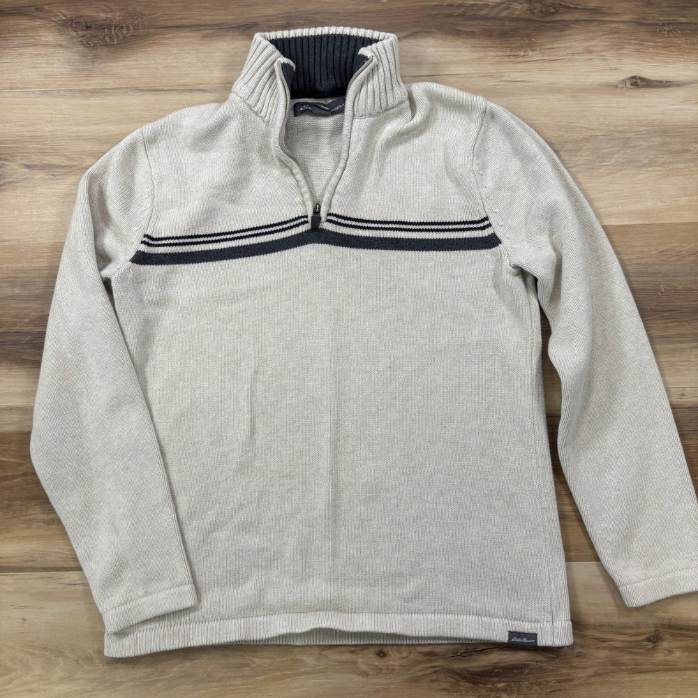Eddie Bauer Sweater Mens Small Quarter Zip Cotton Heritage Mock‎ Neck Beige